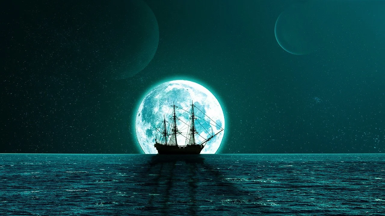 An old ship sailing in the moonlight, at sea. Capturing the atmosphere of the story.