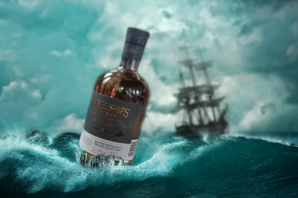 An image of a three ships bottle with a ship sailing away in the background