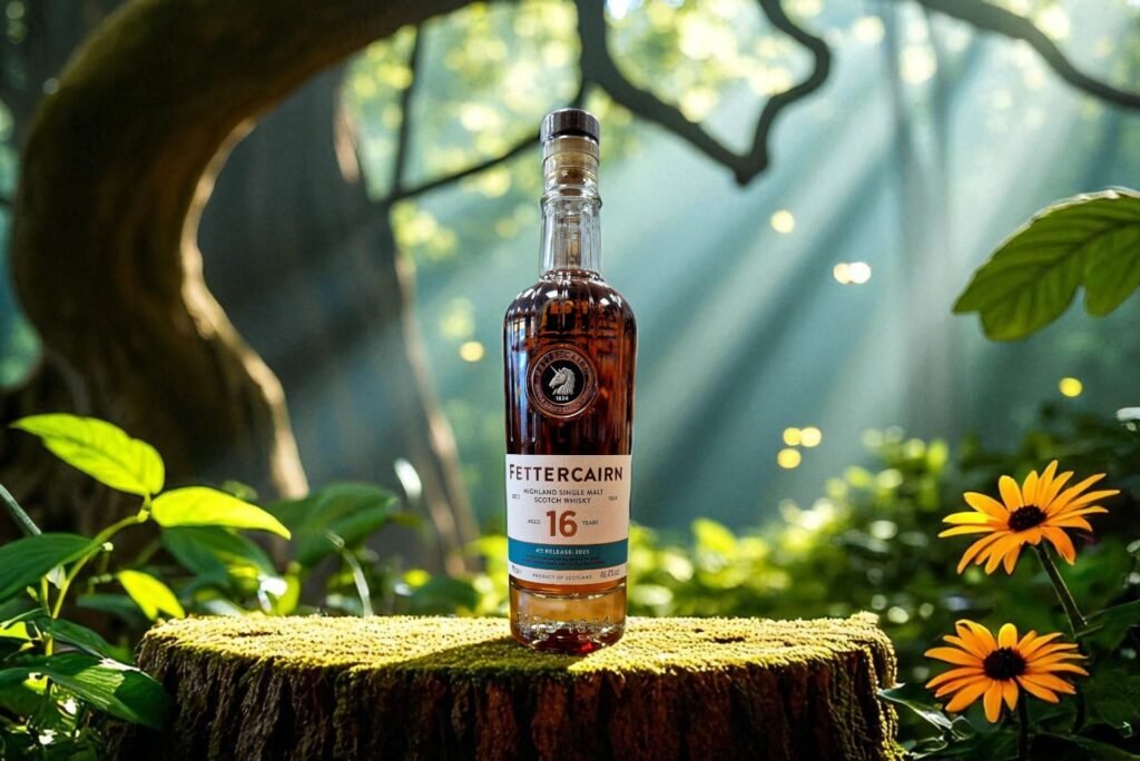 A stunning image of a bottle of Fettercairn 16 sitting in a forrest.