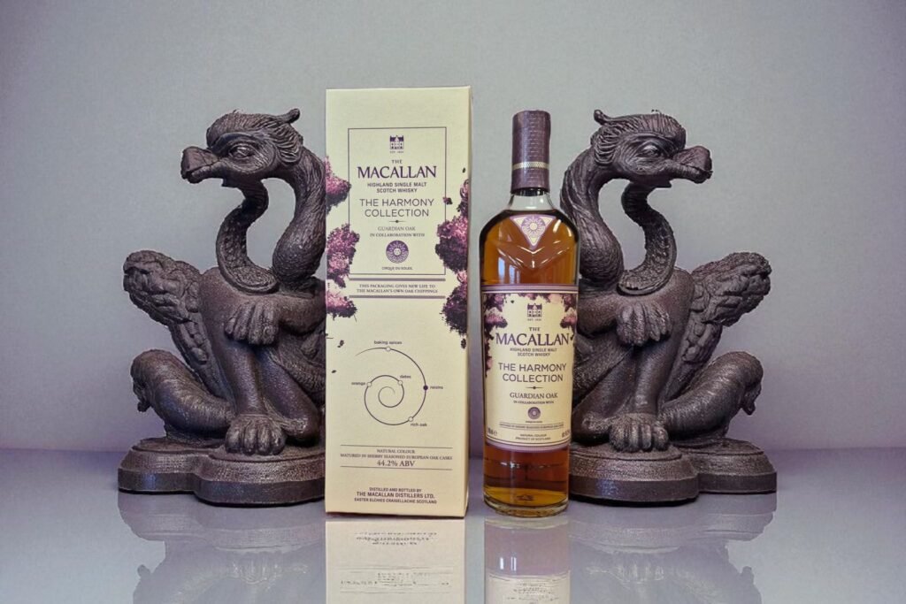 A bottle of The Macallan Guardian Oak from the Harmony Seriessurrounded by gargoyles.