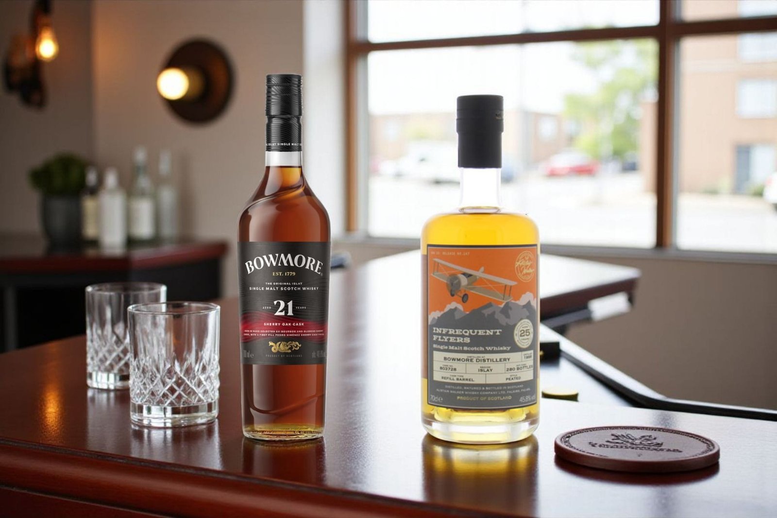 Two bottles of Bowmore, the Bowmore 21 Sherry Oak and the Bowmore 25 from Infrequent Flyers