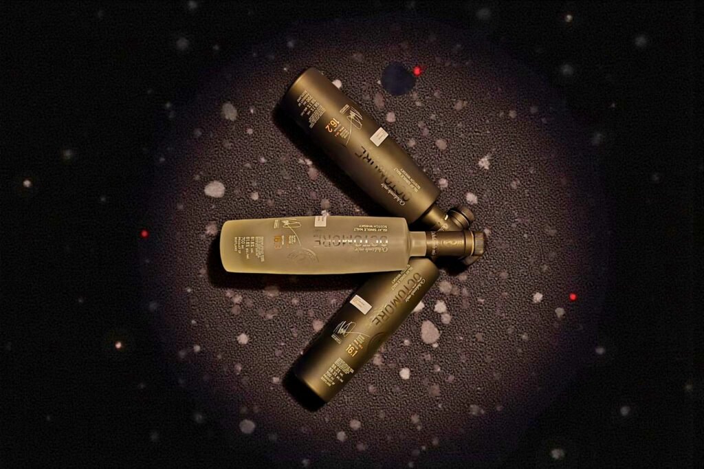 Three bottles of Octomore edition 16.1, 16.2 and 16.3