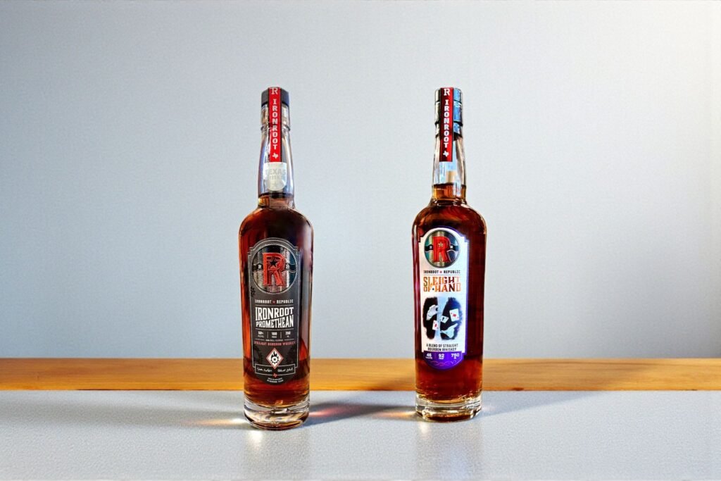 Two bottles of Bourbon, the Ironroot Prometheus and the Sleight of Hand Bourbon
