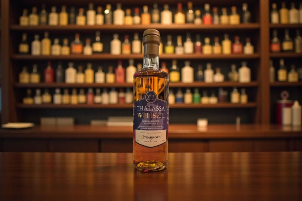 A bottle of Thalassa Whisky Benrinnes Rum for a review