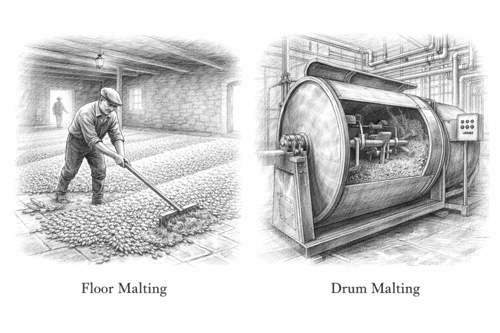 floor malting vs drum malting