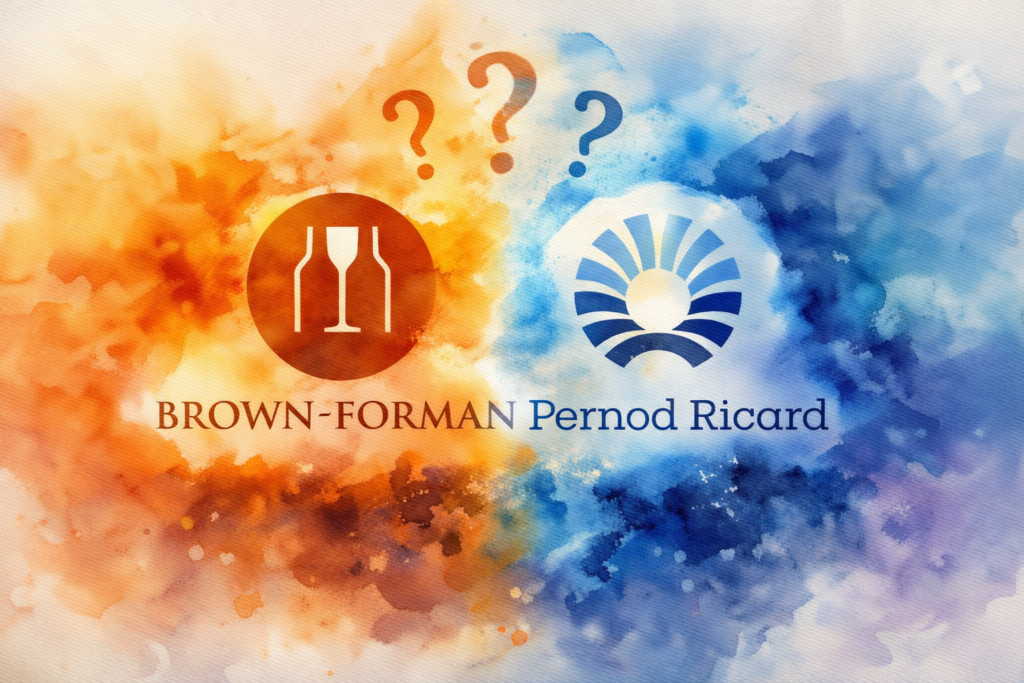 Watercolour-style illustration of the Brown-Forman and Pernod Ricard logos set against contrasting whisky-inspired orange and blue backgrounds, blending at the centre with subtle question marks to symbolise uncertainty around merger talks