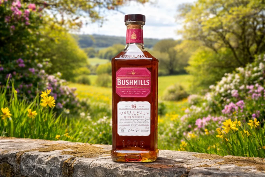 Bushmills 16 review bottle in Irish countryside spring setting with green fields and flowers