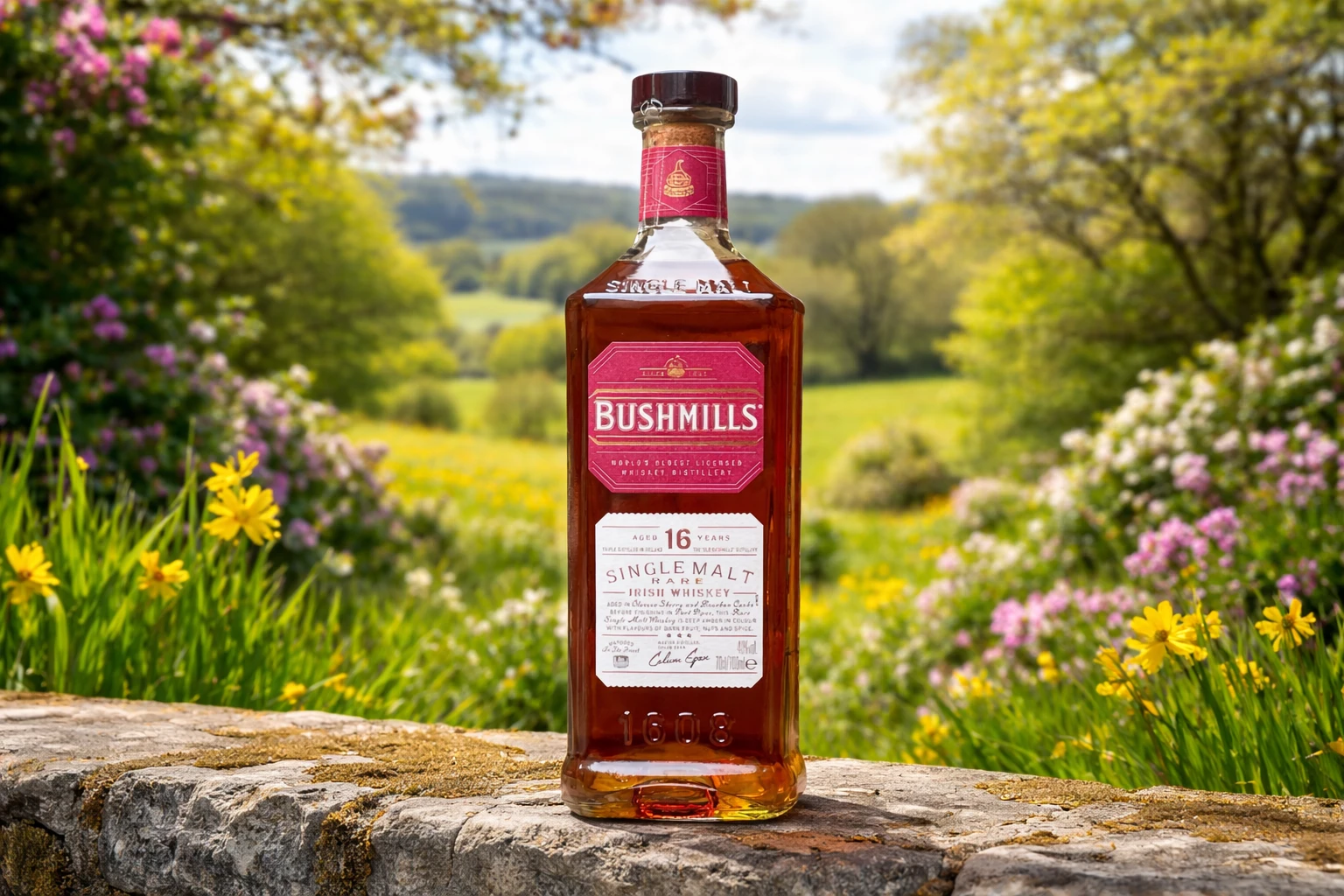 Bushmills 16 review bottle in Irish countryside spring setting with green fields and flowers