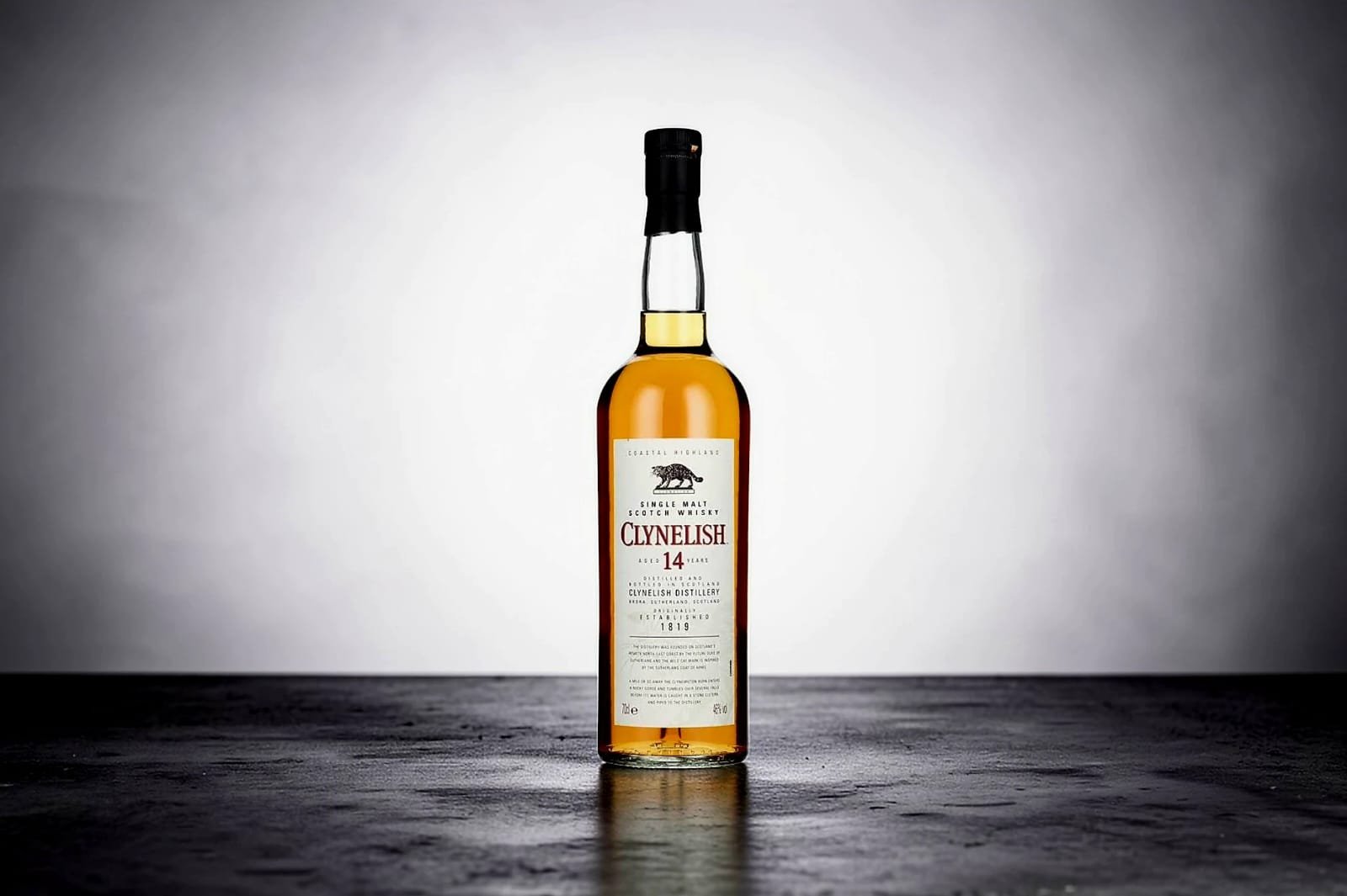 a bottle of Clynelish 14 on a minimal background