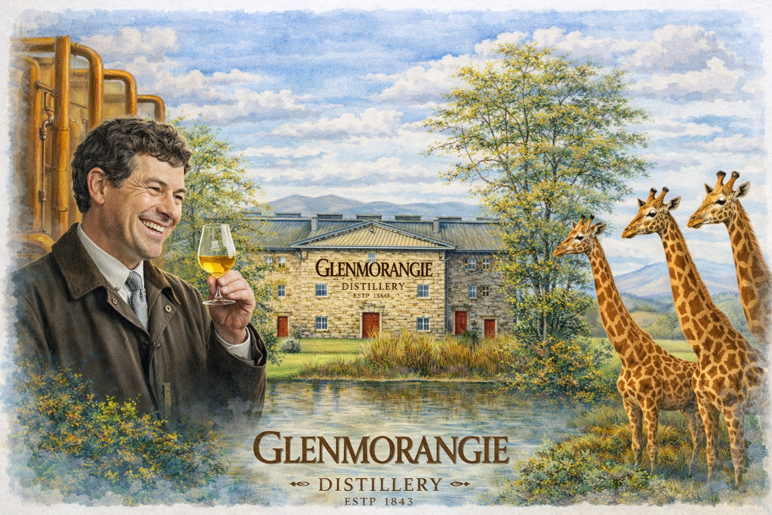 Vintage-style watercolor illustration of Glenmorangie Distillery in Tain, Scotland, with Dr. Bill Lumsden holding a copita glass on one side and giraffes symbolising the tall stills on the other, set against the Highland landscape.
