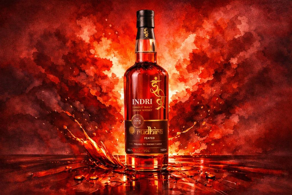 Indri Rudhira Peated Indian Single Malt Whisky bottle in a dramatic red and gold painterly splash background, showcasing rich amber tones and premium design.