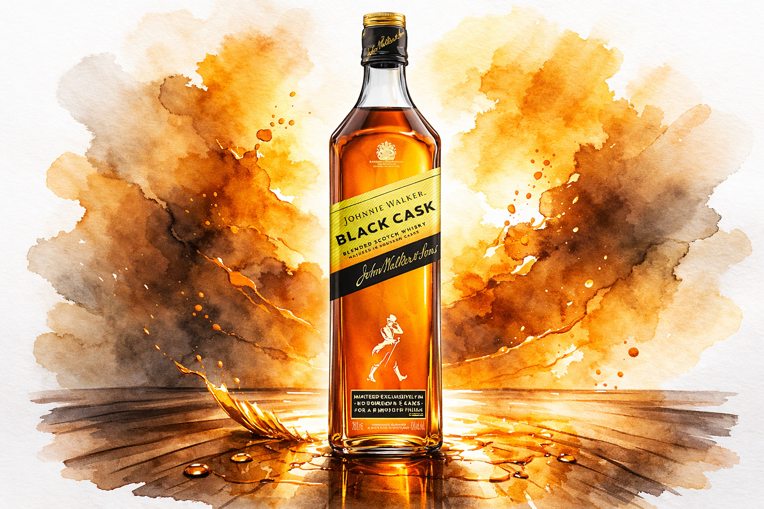 Watercolour-style illustration of a Johnnie Walker Black Cask whisky bottle centered on a wooden surface, surrounded by warm amber and golden paint splashes that echo the colour of the whisky,