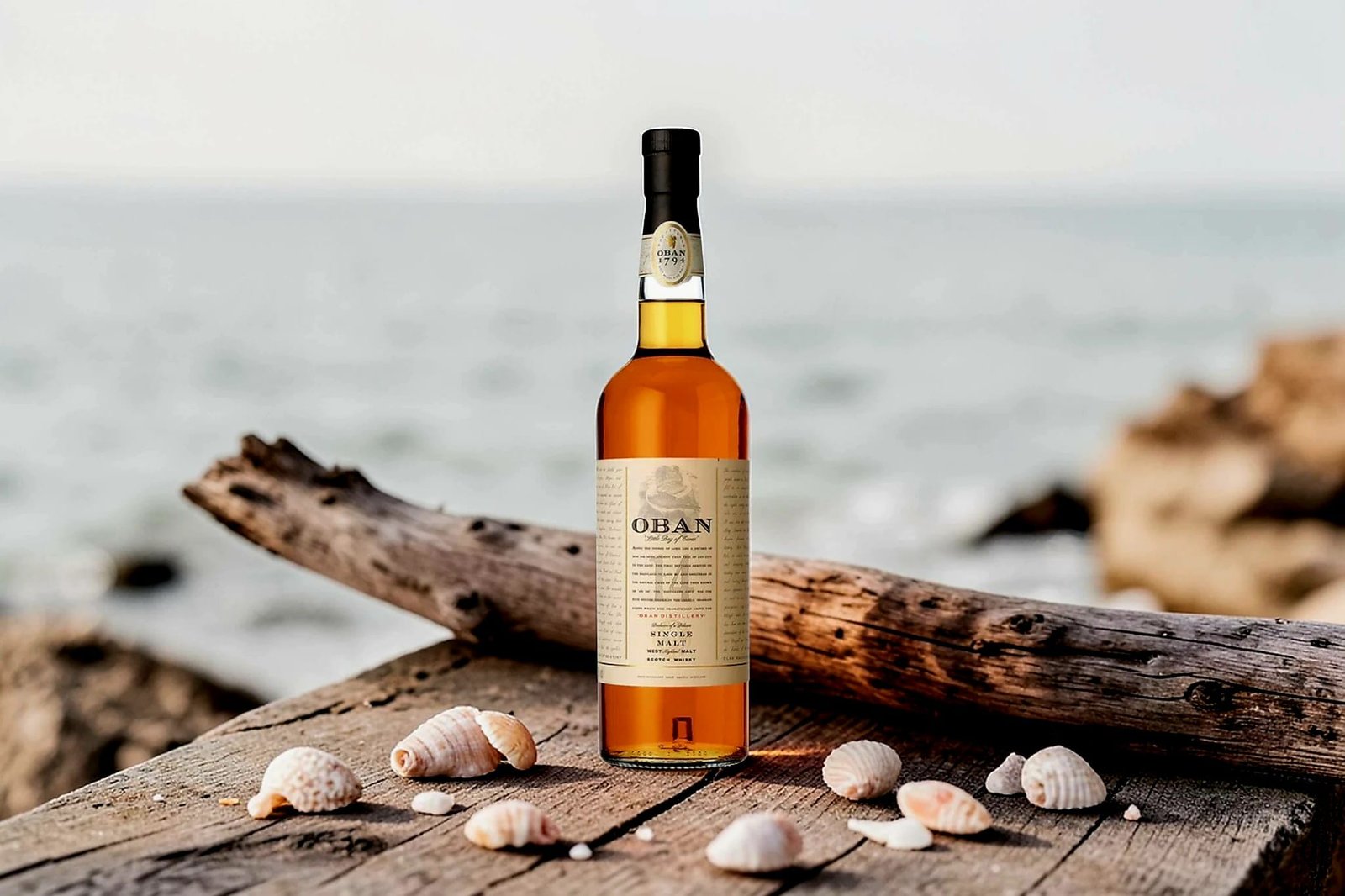 Oban 14 single malt whisky bottle and glass with the ocean in the background