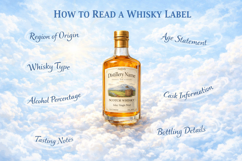 Angelic-style illustration of a whisky bottle resting on soft clouds against a bright sky-blue background, with the header “How to Read a Whisky Label” above and flowing, wind-swept words like distillery name, whisky type, age statement, alcohol percentage, cask information, region of origin, and bottling details floating around the bottle.
