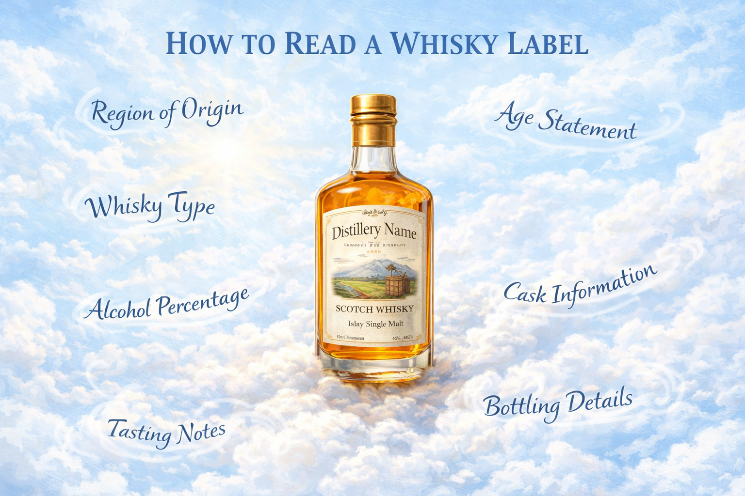 Angelic-style illustration of a whisky bottle resting on soft clouds against a bright sky-blue background, with the header “How to Read a Whisky Label” above and flowing, wind-swept words like distillery name, whisky type, age statement, alcohol percentage, cask information, region of origin, and bottling details floating around the bottle.