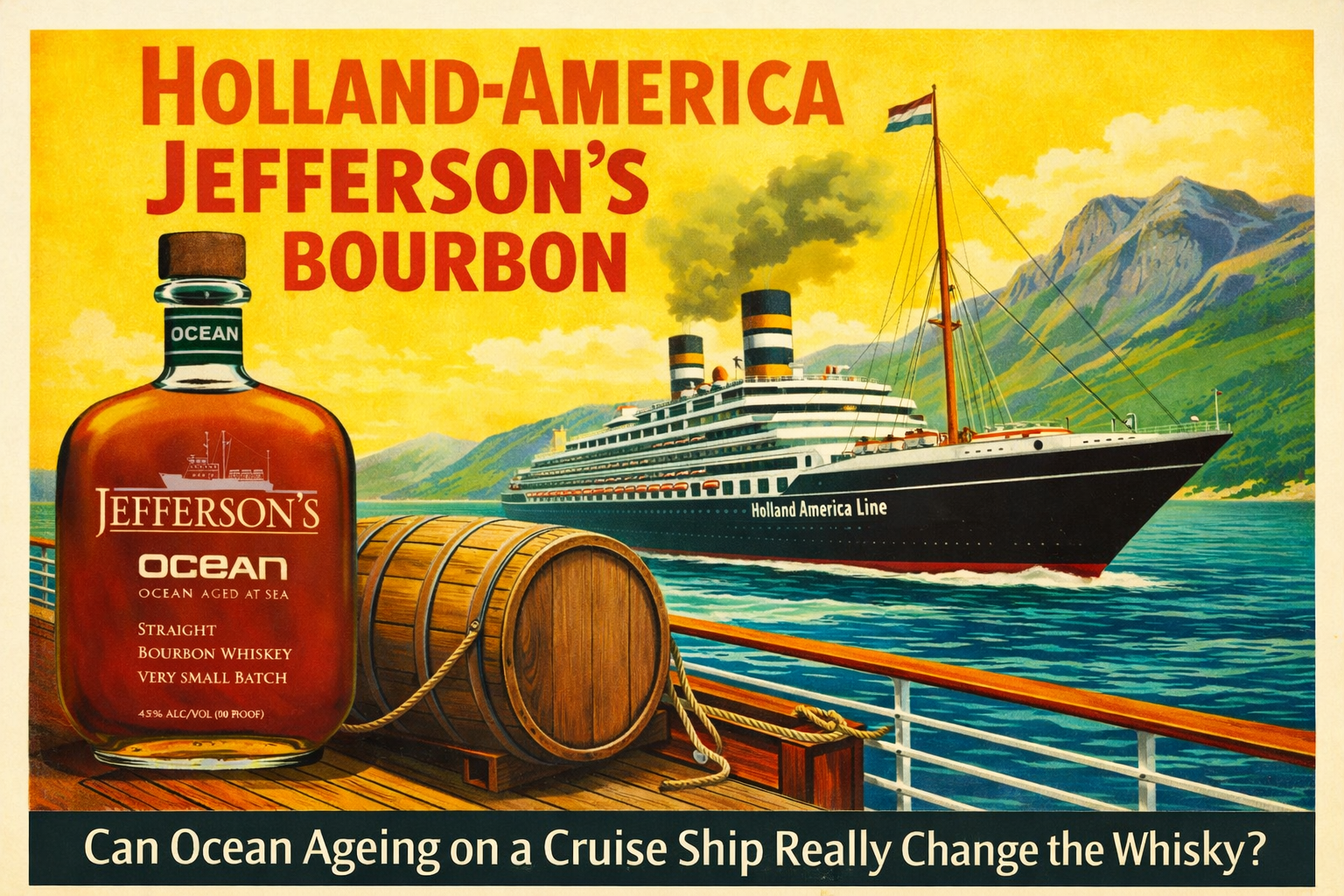 Vintage-style illustration of a Holland America cruise ship sailing past mountains with a Jefferson’s Ocean bourbon bottle and a single whisky barrel on deck, representing ocean ageing of bourbon at sea