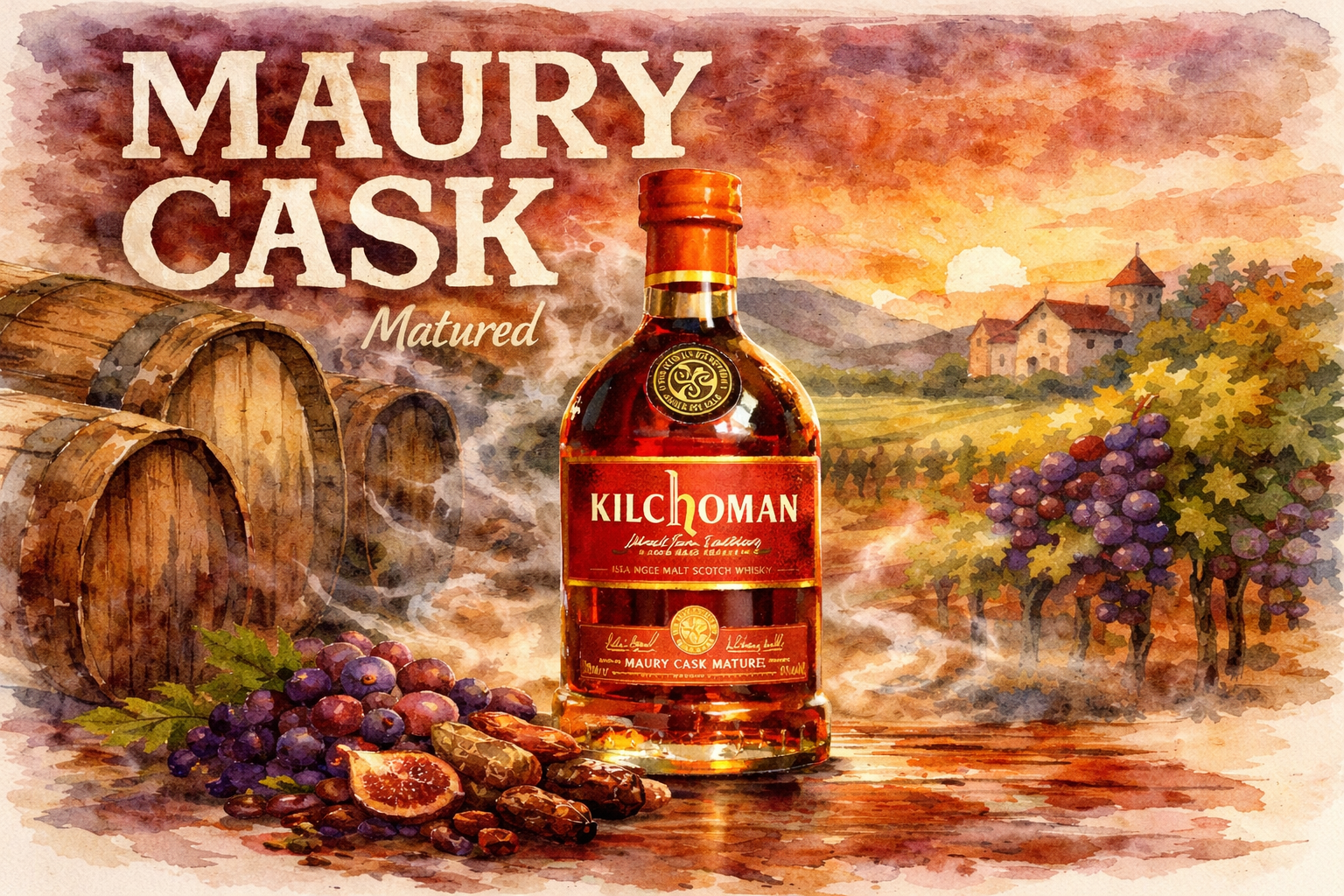 Kilchoman Maury Cask Matured set in front of a vinyard