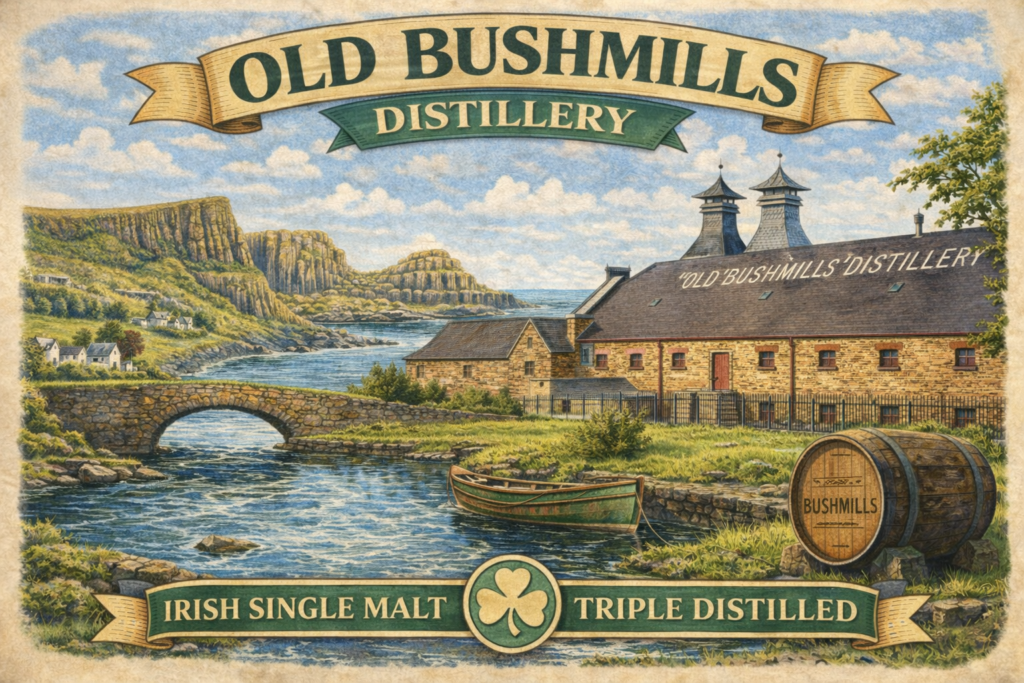 old bushmills distillery set in front of the giants causeway