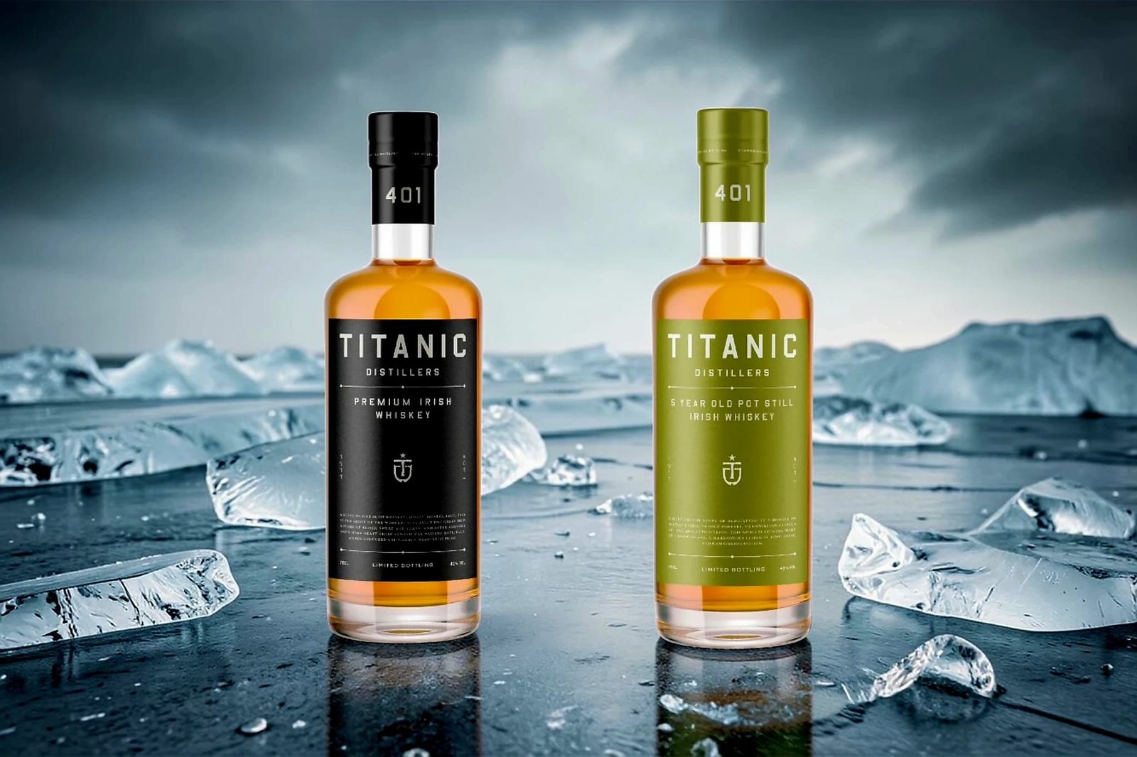 Titanic Whiskey comparison showing Titanic Irish Whiskey and Titanic 5 Year Pot Still bottles on an icy surface, highlighting contrasting labels and styles