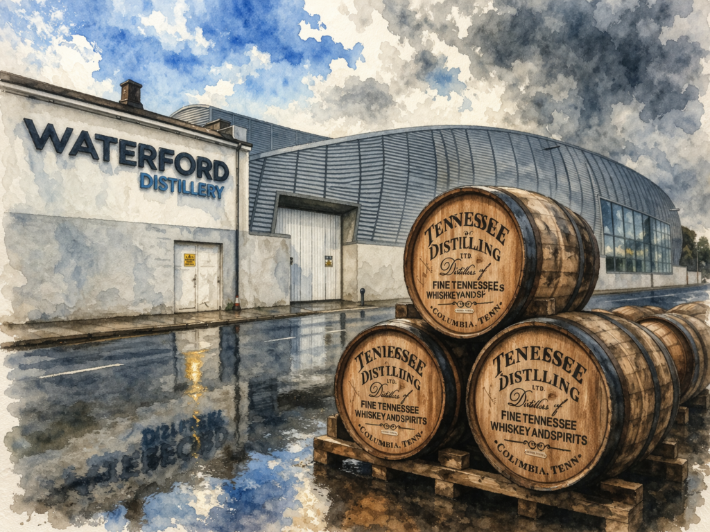Watercolour illustration of Waterford Distillery with Tennessee Distilling barrels stacked in the foreground, representing the distillery’s acquisition and new chapter in Irish whiskey.