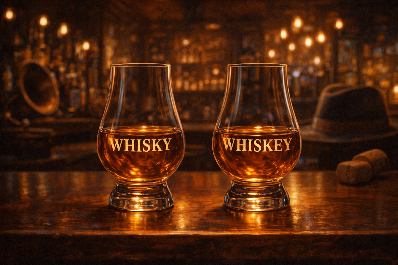 two glencairn glasses, one with the word whisky and the other with the word whiskey