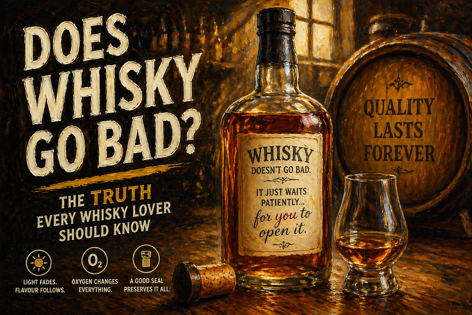 Does whisky go bad illustration showing whisky bottle, glass, and storage factors like light, oxygen, and sealing