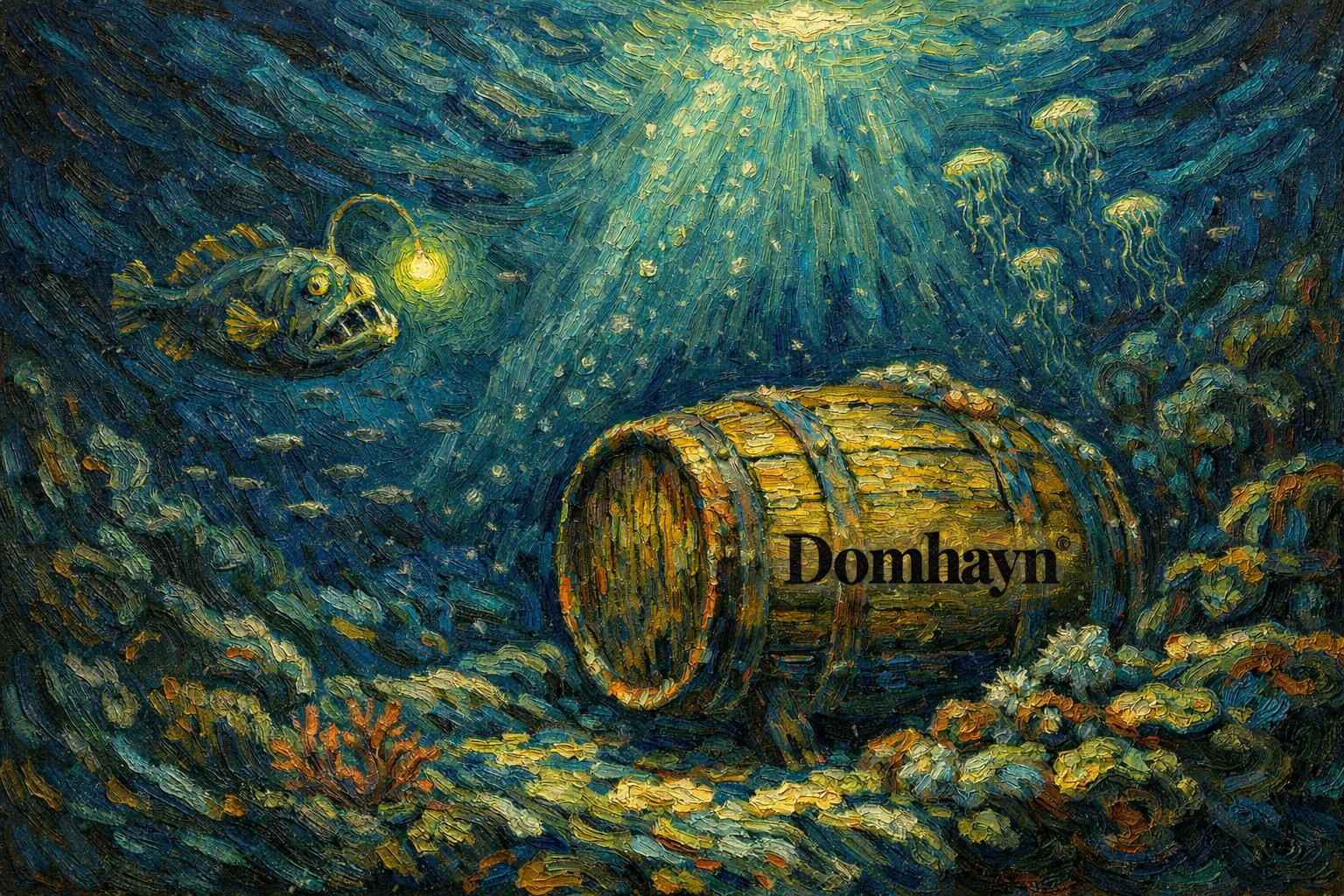 Domhayn 1000 Fathoms Deep whisky barrel resting on the ocean floor with logo on cask, deep sea ageing concept illustration