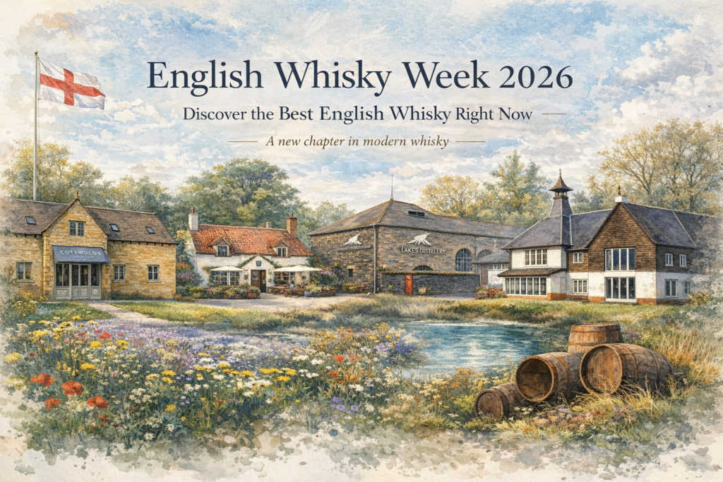 English Whisky Week 2026 illustration featuring leading English distilleries including Cotswolds, The Lakes, Bimber, Fielden and Spirit of Yorkshire in a countryside setting
