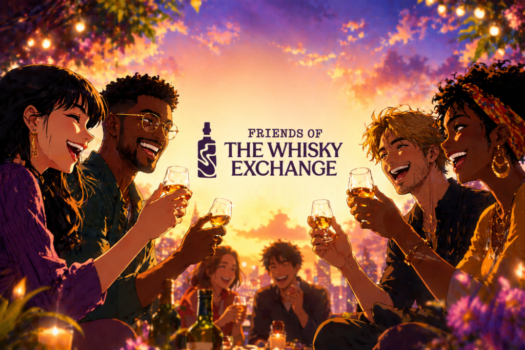 Group of friends enjoying whisky together with Friends of The Whisky Exchange logo