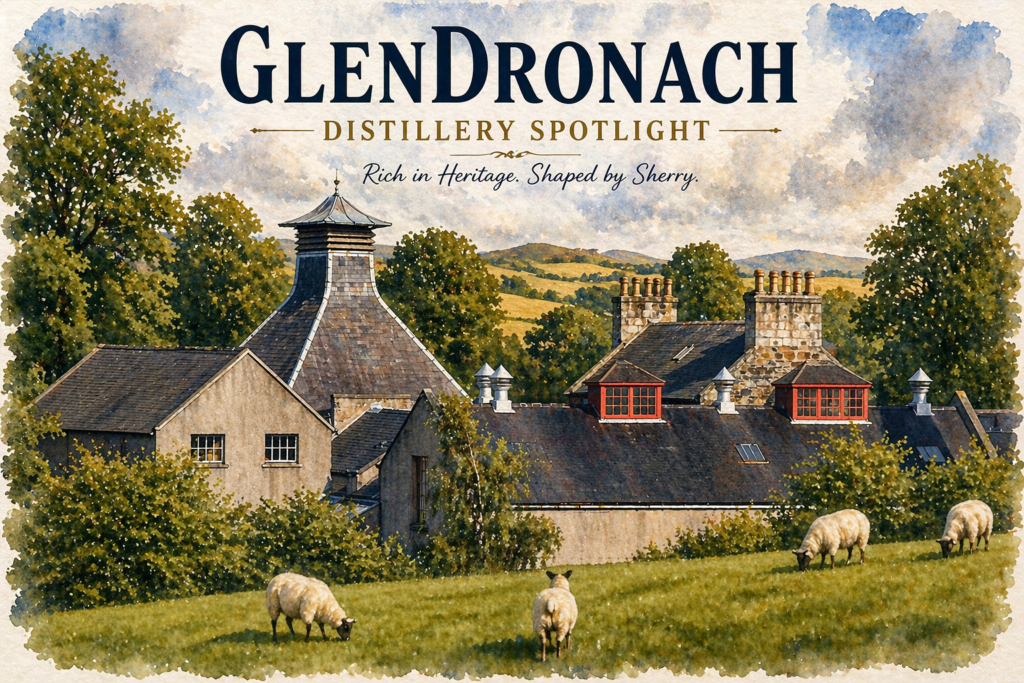 Glendronach Distillery in the Scottish Highlands surrounded by rolling hills and grazing sheep, illustrated in watercolor style