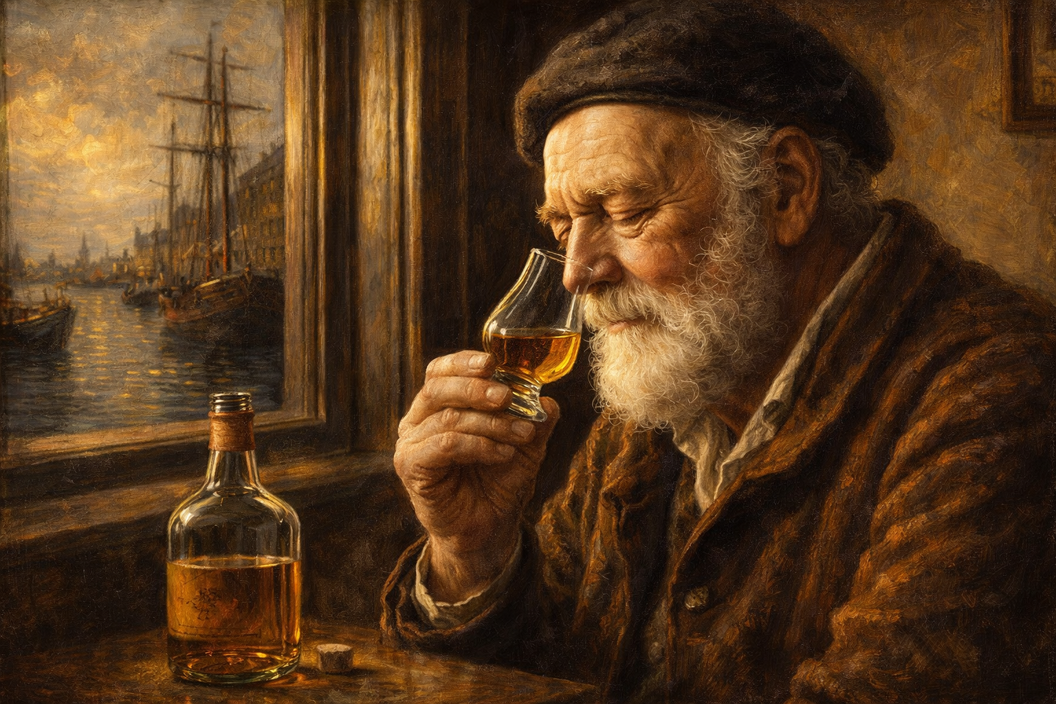 How to taste whisky properly – man nosing whisky from a Glencairn glass in a harbour café