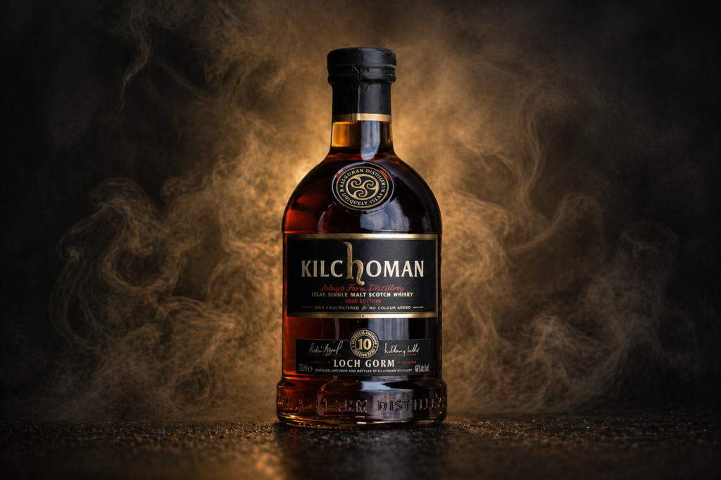 Kilchoman Loch Gorm 2026 whisky bottle with rich amber tones and natural smoke in a dark, atmospheric setting