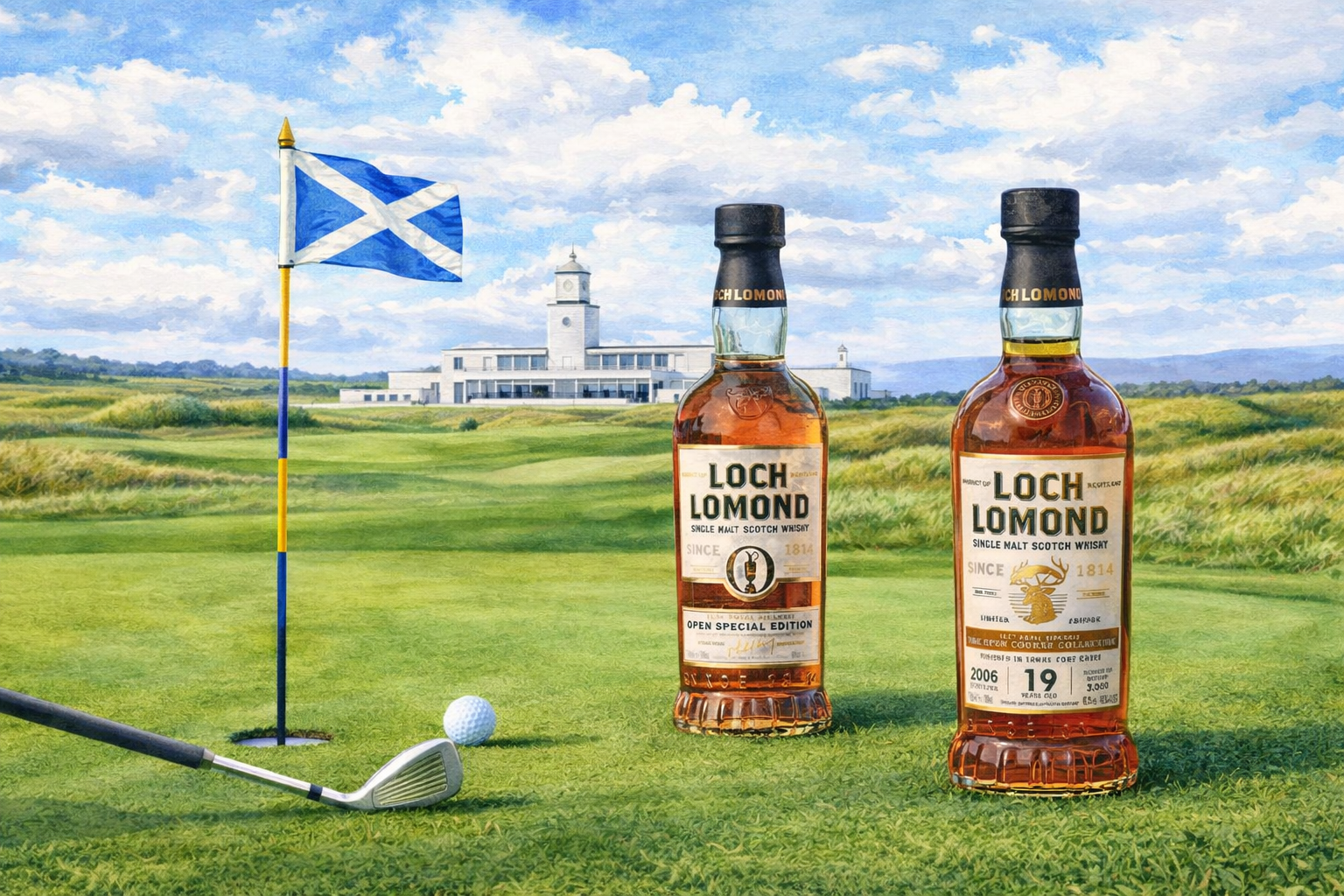 Loch Lomond Open Course Editions 2026 whisky bottles on Royal Birkdale golf course with Scottish flag, golf club and ball in watercolor style