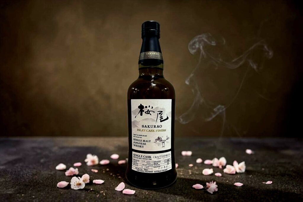 Sakurao Islay Cask Finish single cask Japanese whisky bottle with smoky background and cherry blossoms