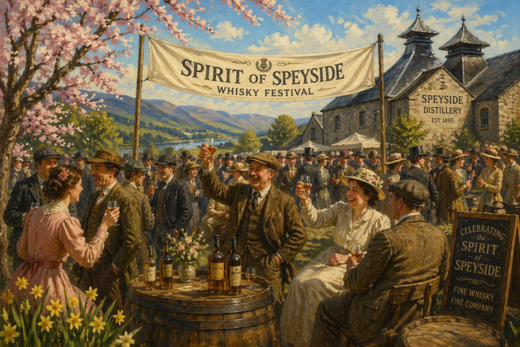 Spirit of Speyside whisky festival celebration in spring with people enjoying whisky outdoors in Speyside