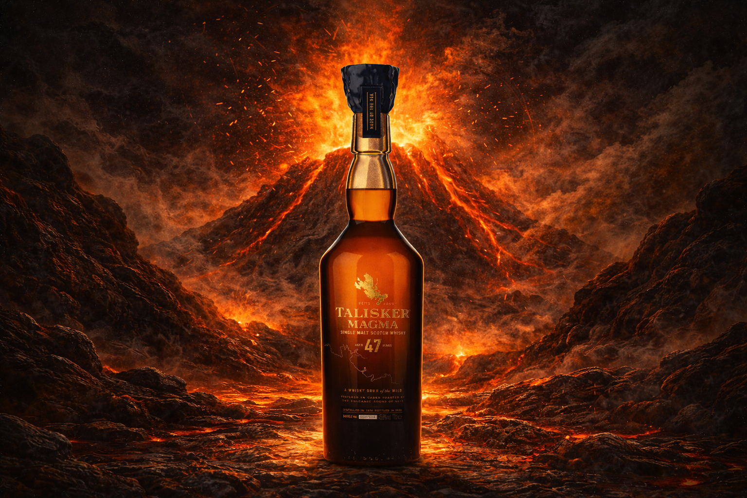 Talisker 47 Magma whisky bottle set against a dramatic volcanic eruption with flowing lava and fiery glow