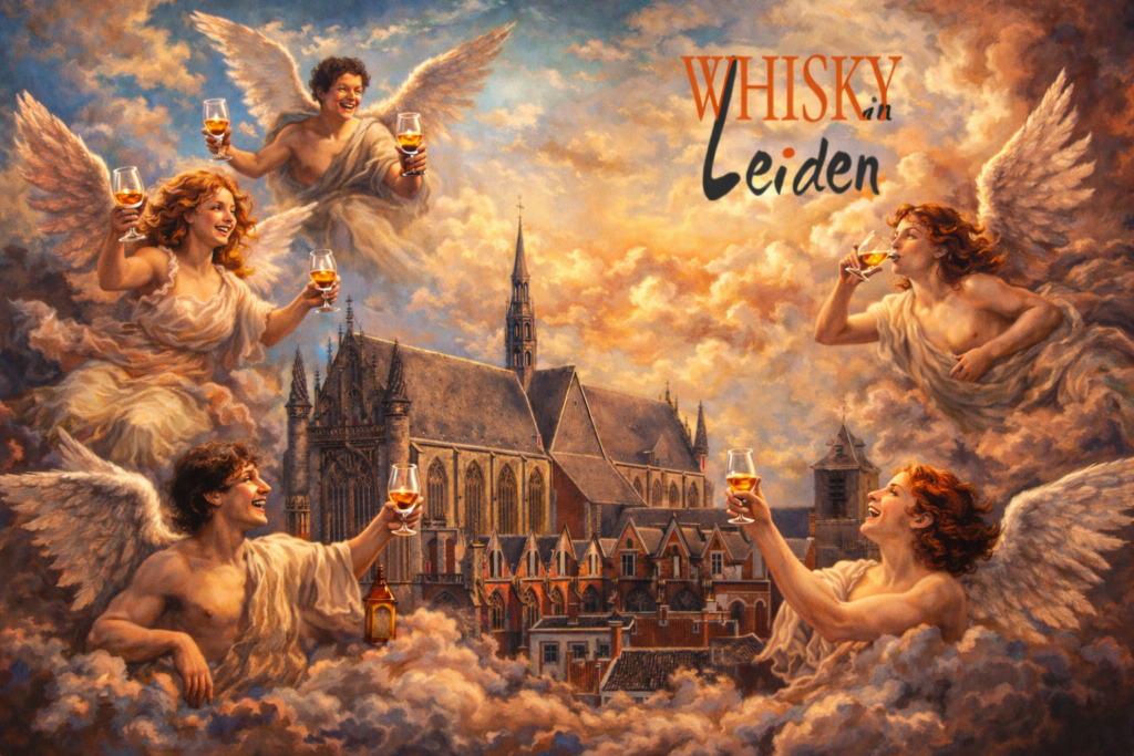 Fantasy oil painting of angels drinking whisky from Glencairn glasses above the Hooglandse Kerk during Whisky in Leiden 2026 festival