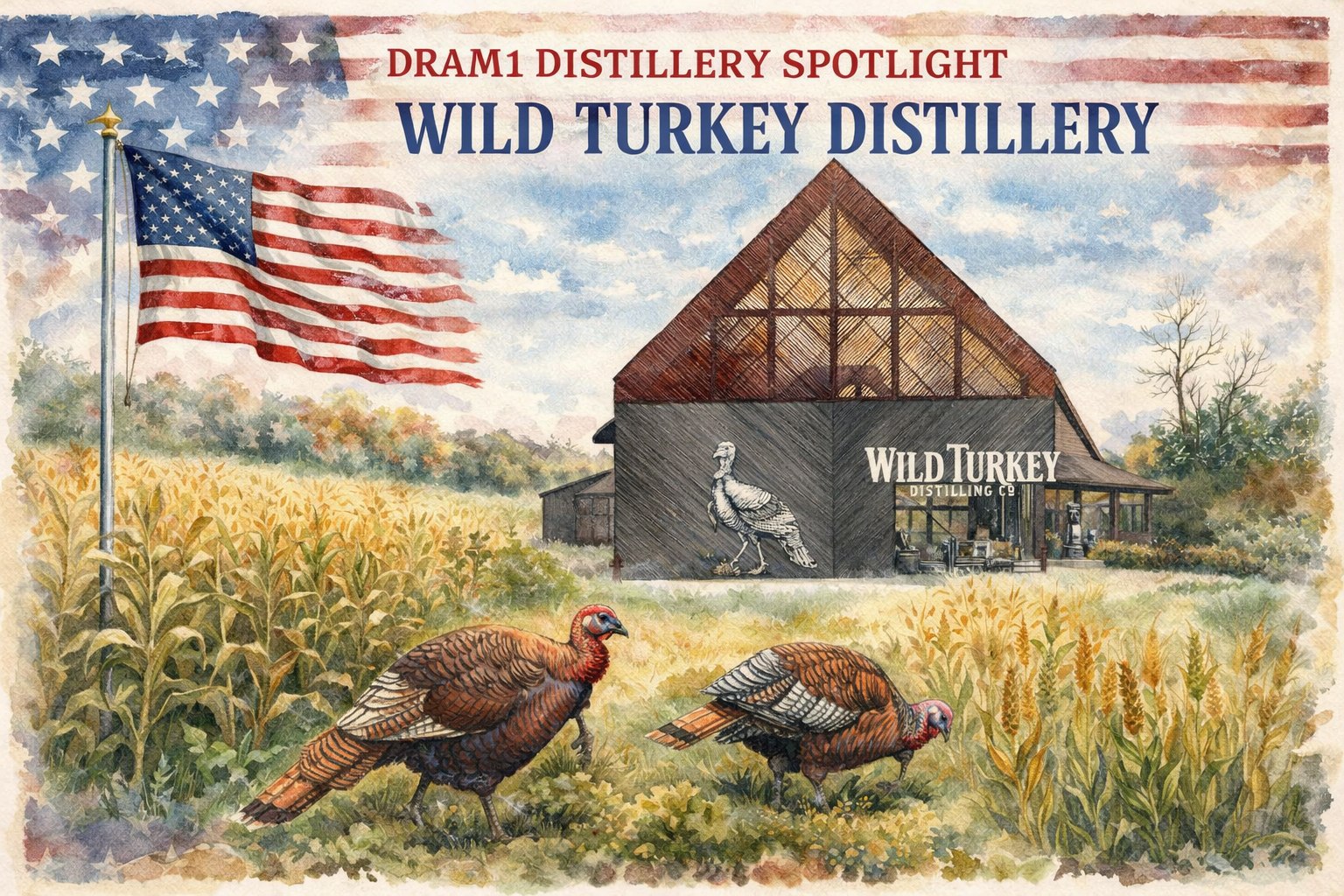 Watercolour illustration of the Wild Turkey Distillery with turkeys roaming corn and barley fields, blended with rustic textures and American heritage elements