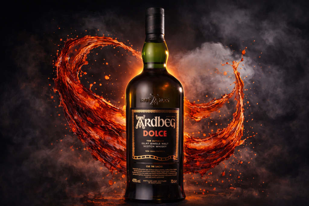 Ardbeg Dolce 2026 bottle with Marsala cask inspired wine splash artwork