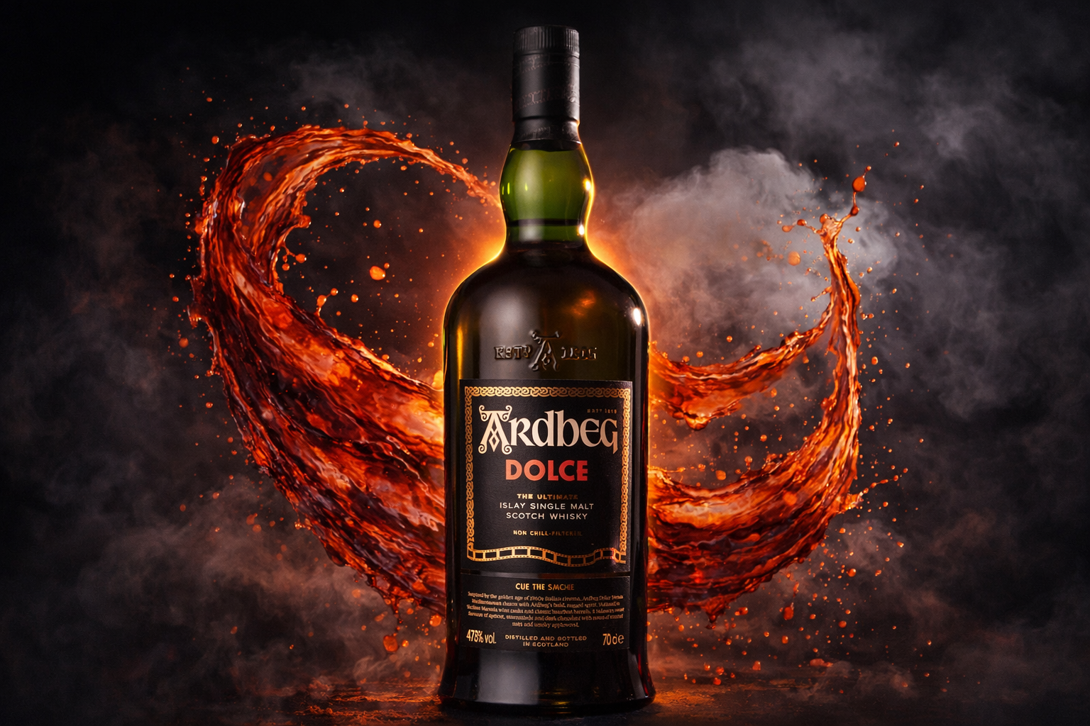 Ardbeg Dolce 2026 bottle with Marsala cask inspired wine splash artwork