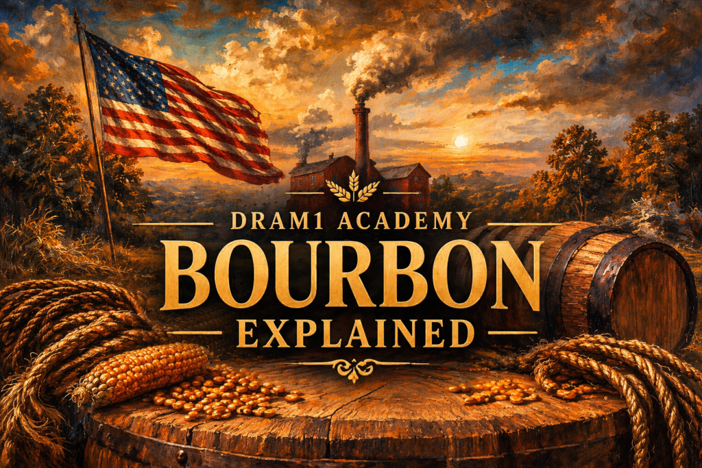 Bourbon explained illustration with American flag, distillery, corn and oak barrel in vintage oil painting style