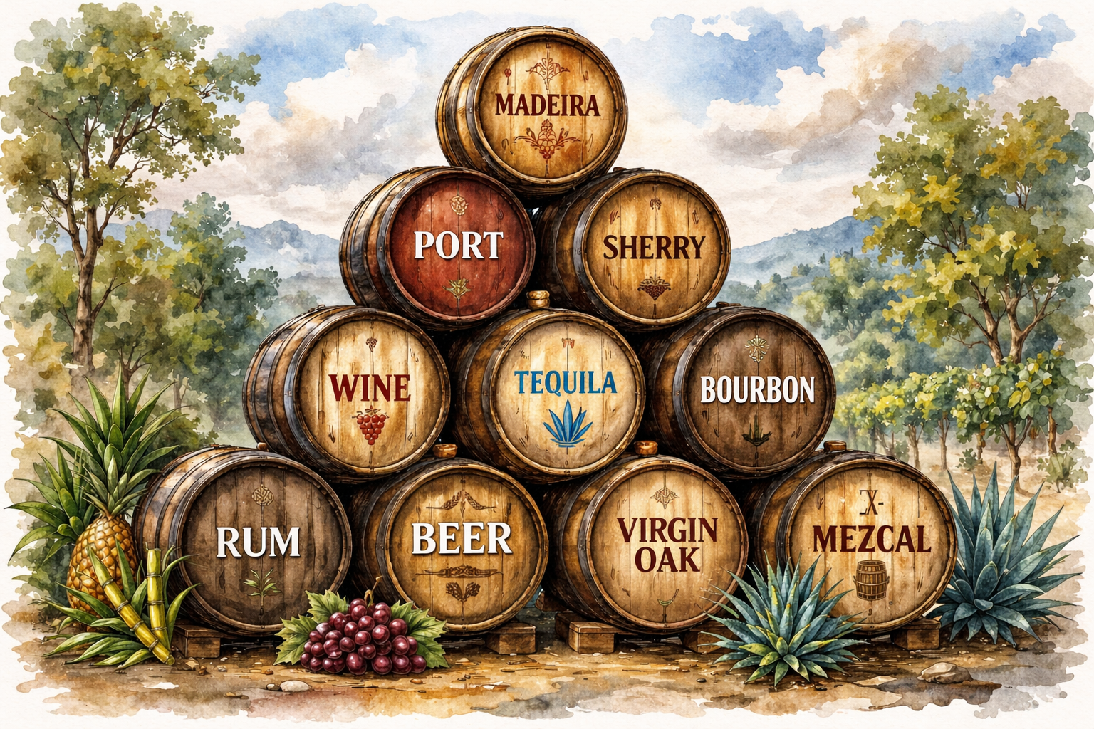 Watercolour illustration of a pyramid of whisky cask finishes including Madeira, Port, Sherry, Bourbon, Tequila, Rum, Beer and Wine barrels in a distillery landscape