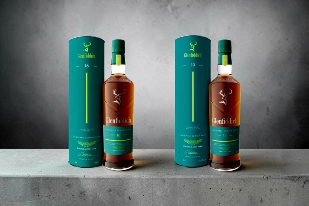 Two Glenfiddich single malt Scotch whisky bottles, aged 16 and 19 years, displayed side by side with matching green presentation tubes from the Glenfiddich Formula One Team limited edition series.
