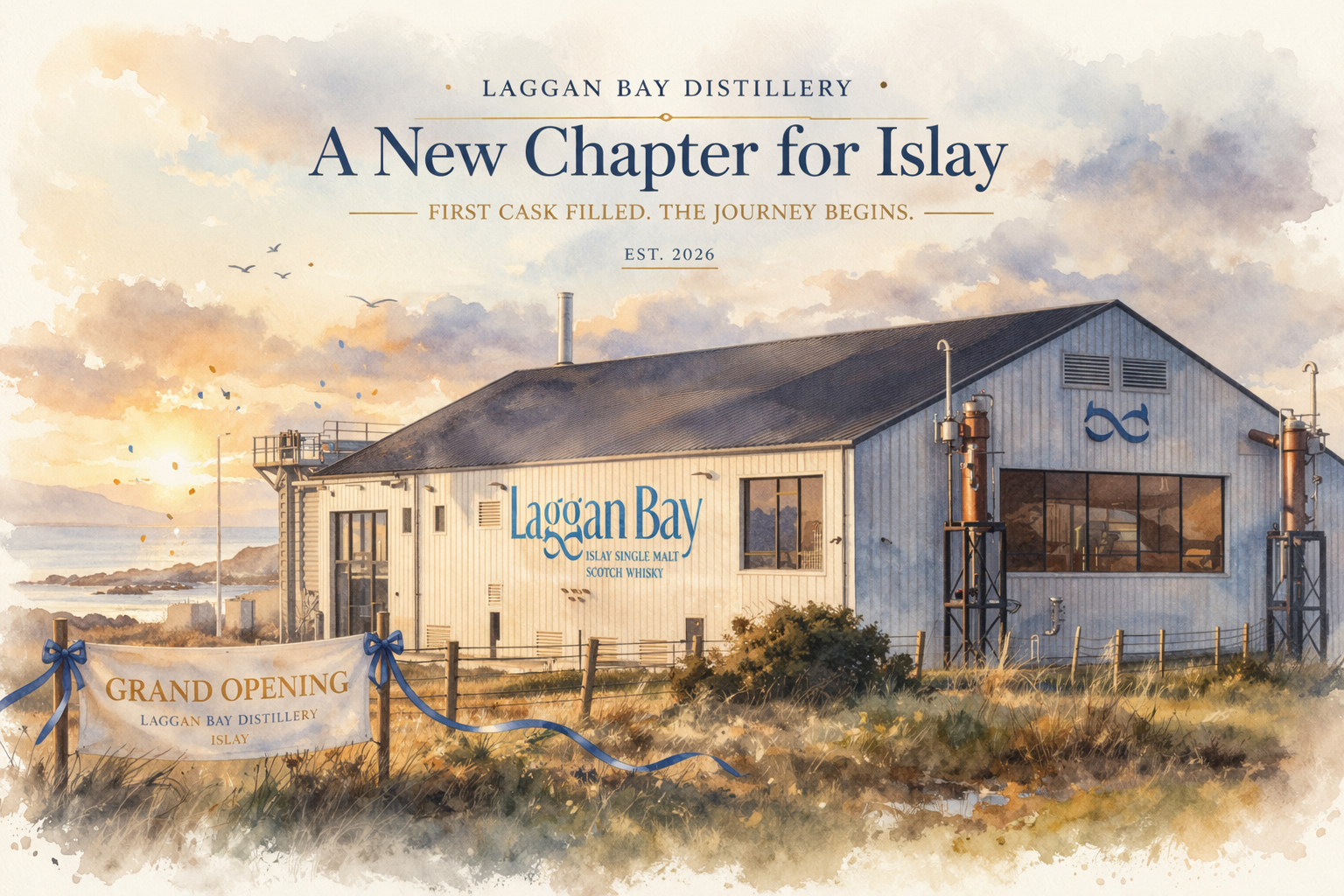 Watercolour illustration of Laggan Bay Distillery on Islay during its grand opening, showing the modern coastal distillery with celebratory ribbons and soft golden light.