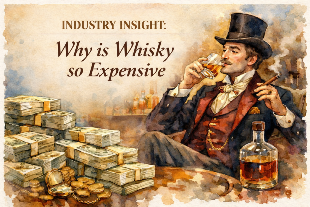 Watercolour illustration of a wealthy gentleman drinking whisky beside stacks of cash, representing rising whisky prices and premiumisation in the whisky industry answering the question: Why is Whisky so Expensive?