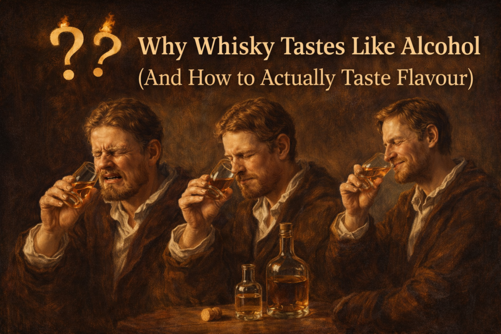 Man reacting to why whisky tastes like alcohol, shown in three stages from alcohol burn to flavour discovery