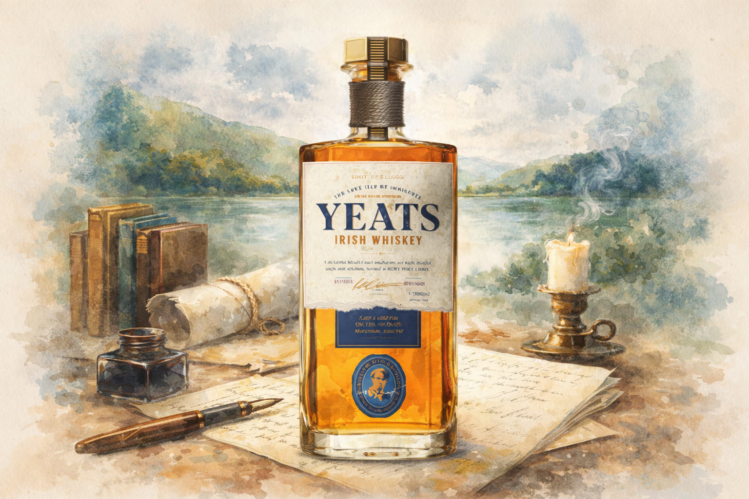 Yeats Irish Whiskey The Lake Isle of Innisfree bottle in a watercolour setting with books, ink and writing elements inspired by poetry