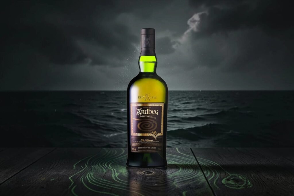 Ardbeg Corryvreckan bottle standing before a dark stormy sea during an atmospheric Ardbeg Corryvreckan review