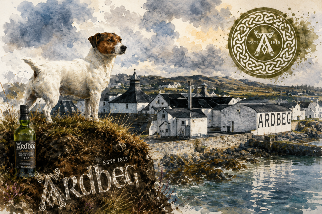 Watercolour illustration of Ardbeg Distillery on Islay with whisky bottle, coastal warehouses and Shortie the Jack Russell mascot