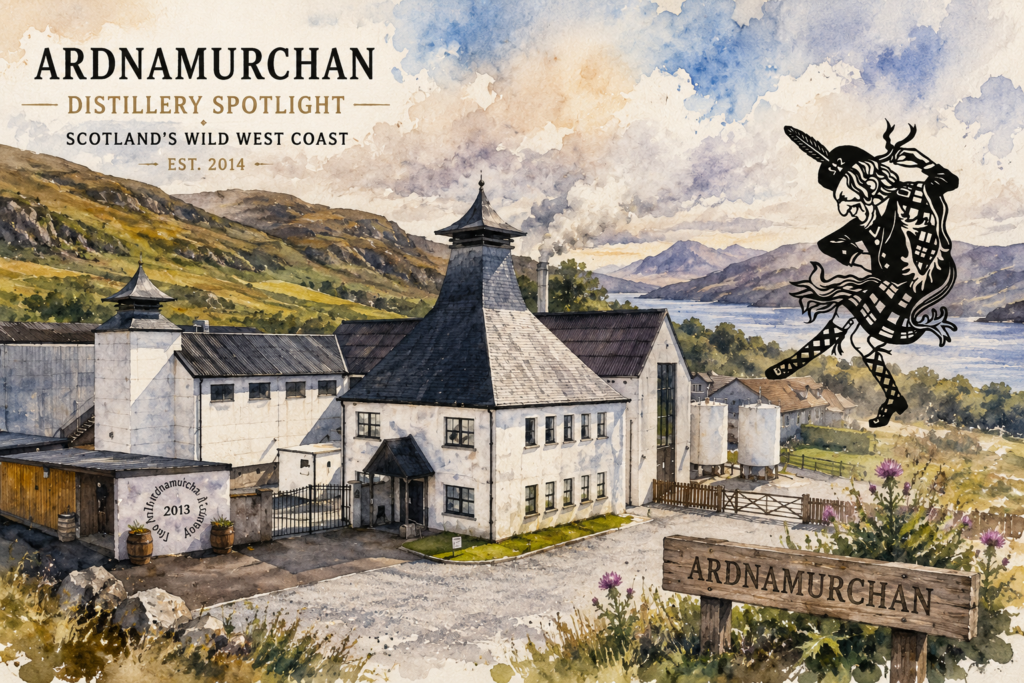 Ardnamurchan Distillery watercolour illustration featuring the Scottish west coast distillery and traditional dancing figure